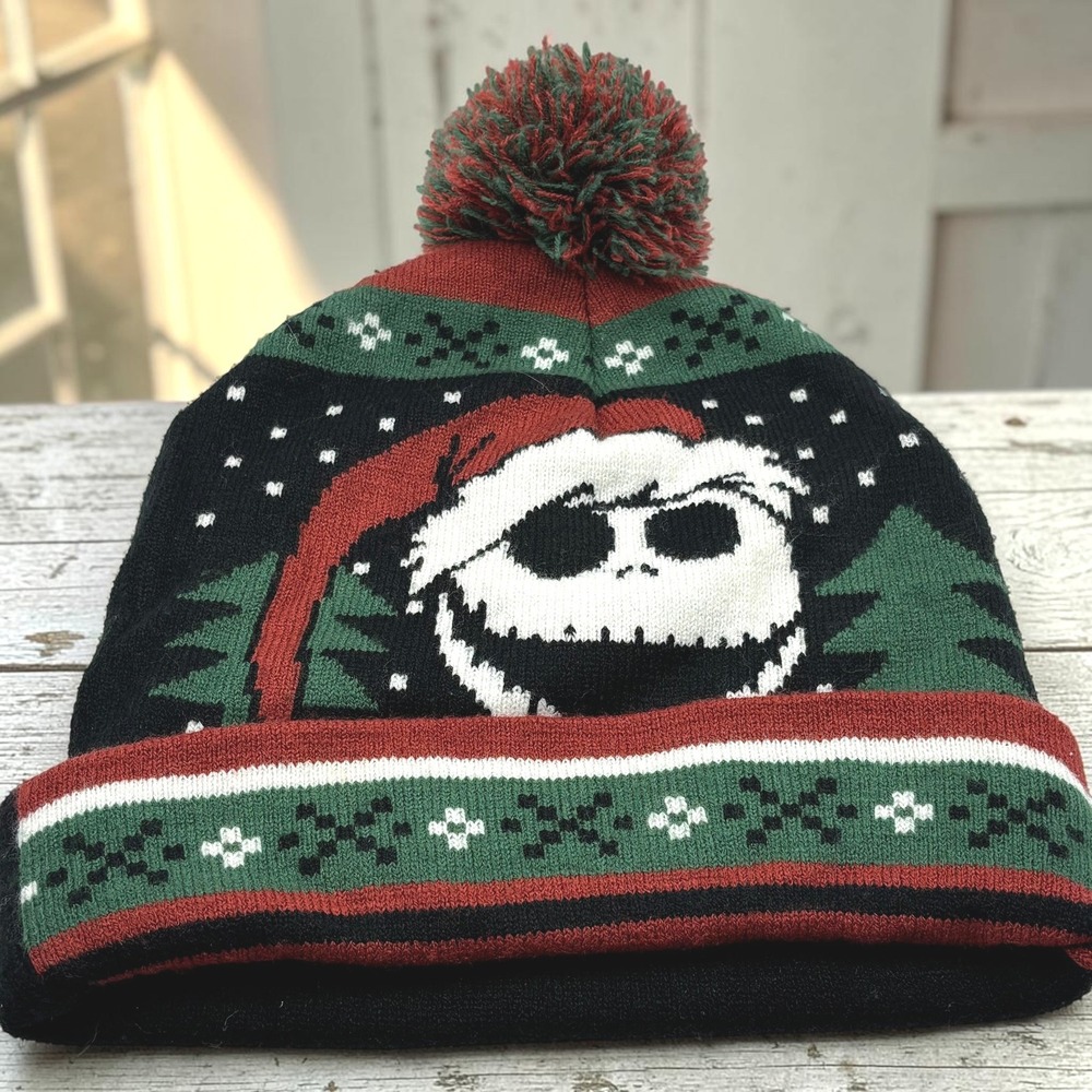 Beanie Disney Black Acrylic Jack Skellington Pom Pom Hat Halloween Christmas